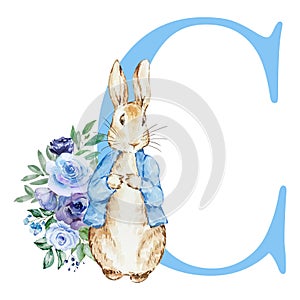 Letter C blue with watercolor cute rabbit with flowers