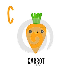 Letter C Carrot. Animal and food alphabet for kids. Cute cartoon kawaii English abc. Funny Zoo Fruit Vegetable learning. Education