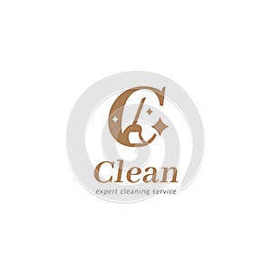 Letter C cleaning service maid logo symbol with broom brush and logotype C icon in elegant premium luxury style