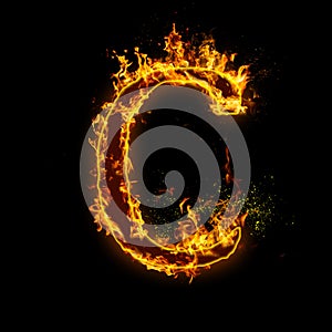 Letter C. Fire flames on black isolated background