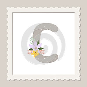 Letter C with flowers. Floral alphabet font uppercase