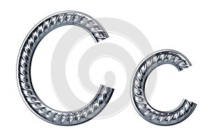 Letter c. font from construction rebar. 3D render