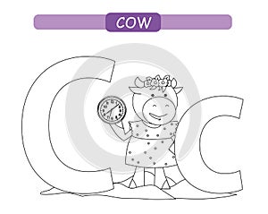 Letter C and funny cartoon cow. Animals alphabet a-z. Cute zoo alphabet in vector for kids learning English vocabulary. Coloring p