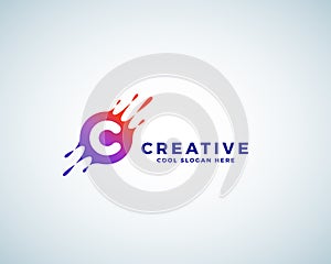 Letter C Incorporated in Colorful Gradient Blot with Splashes. Abstract Vector Sign, Emblem or Logo Template. Creative