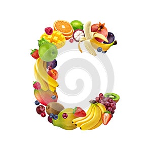 Letter C made of different fruits and berries, fruit alphabet isolated on white background