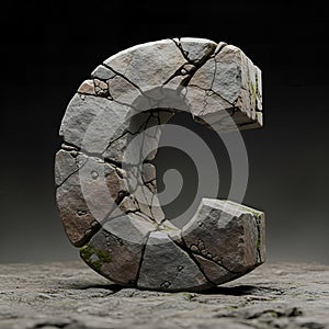 Realistic 3D Render Stone Letter C with Cracks and Moss, Generative AI