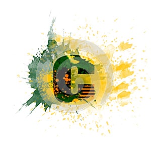 letter C typography design, dark green and yellow ink splash grunge watercolor splatter, isolated on white, grungy backgro photo