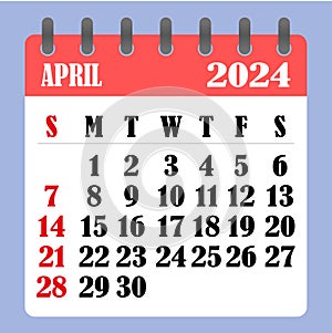 Letter calendar for April 2024. The week begins on Sunday. Time, planning and schedule concept. Flat design. Removable calendar