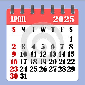 Letter calendar for April 2025. The week begins on Sunday. Time, planning and schedule concept. Flat design. Removable calendar