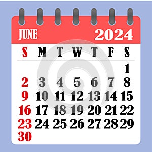 Letter calendar for June 2024. The week begins on Sunday. Time, planning and schedule concept. Flat design. Removable calendar for