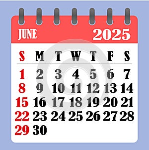 Letter calendar for June 2025. The week begins on Sunday. Time, planning and schedule concept. Flat design. Removable calendar for