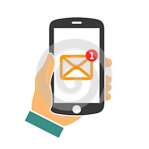 The letter came to the phone. Human hand holding smartphone - vector