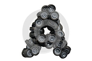 Letter A from car wheels, 3D rendering