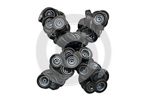 Letter X from car wheels, 3D rendering