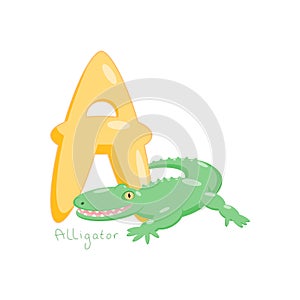 Letter A. Children's alphabet with a cute alligator. Vector illustration for learning English.