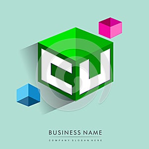 Letter CU logo in hexagon shape and green background, cube logo with letter design for company identity