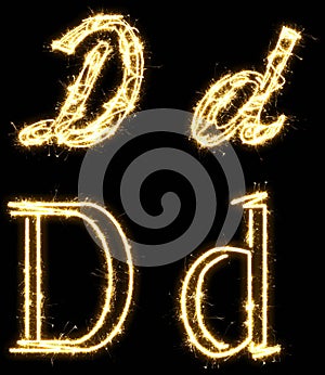 Letter D. Alphabet made by sparkler. Isolated on a black background.