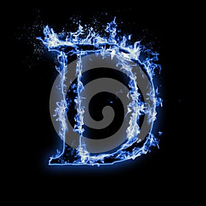 Letter D. Blue fire flames on black