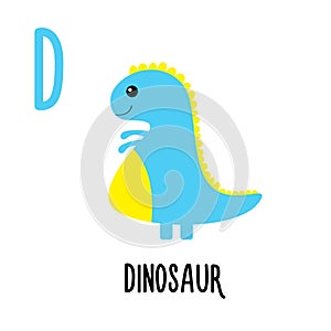 Letter D Dinosaur. Animal and food alphabet for kids. Cute cartoon kawaii English abc. Funny Zoo Fruit Vegetable learning.