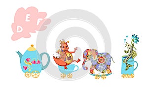 Letter D, E, F. Cute cartoon english alphabet with colorful image. Teapot and cups train.