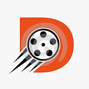 Letter D Film Logo Concept With Film Reel For Media Sign, Movie Director Symbol Vector Template