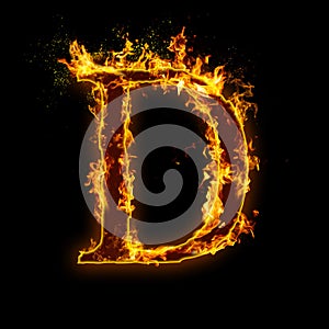 Letter D. Fire flames on black isolated background