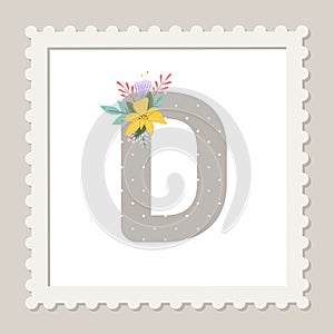 Letter D with flowers. Floral alphabet font uppercase