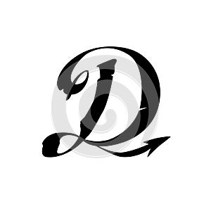 The letter D in the Gothic style. Vector. Latin capital letter symbol. The letter D with the tail of the devil. Brand company and
