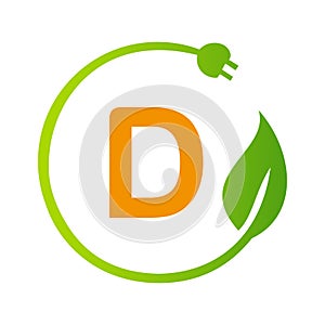Letter D Green Energy Electrical Plug Logo Template. Electrical Plug Sign Concept with Eco Green Leaf Vector Sign