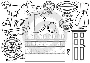 Letter D. Learning English alphabet and writing practice