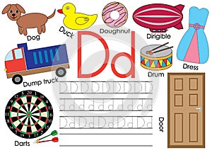 Letter D. Learning English alphabet and writing practice for children.