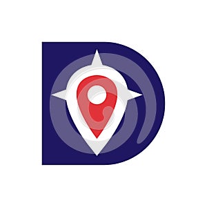 Letter D with Location Pin and Compass Logo