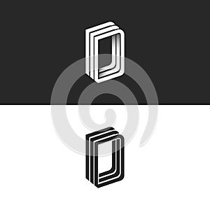 Letter D logo perspective modern typography design element, monogram isometric shape DDD emblem 3D overlapping parallel thin lines