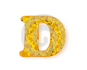 Letter D logo. Yellow color spring flower capital letter D, design element alphabet, daisies texture, vector illustration isolated