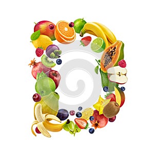 Letter D made of different fruits and berries, fruit font isolated on white background, healthy alphabet