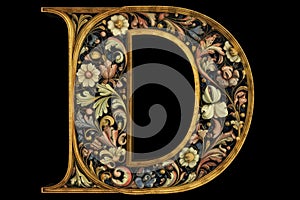 letter d, medieval manuscript style, on black background