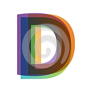 Letter D in overlay color transparency style isolated on white background. Alphabet folded from different retro colors