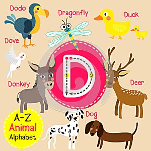 Letter D tracing. Deer. Dodo. Dog. Donkey. Dove. Dragonfly. Duck