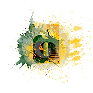 Letter D typography design, dark green and yellow ink splash grunge watercolor splatter, isolated on white, grungy backgro photo