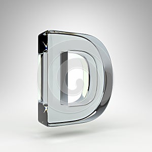 Letter D uppercase on white background. Camera lens transparent glass 3D letter with dispersion.