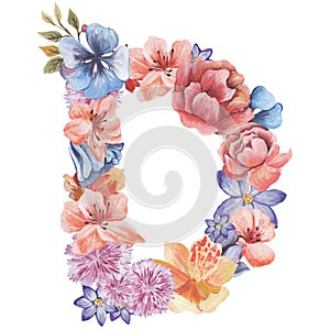 Letter D of watercolor flowers, isolated hand drawn on a white background, wedding design, english alphabet