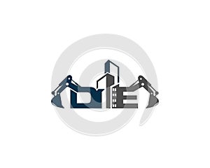 Letter DE Building With Excavator Logo Design Concept.