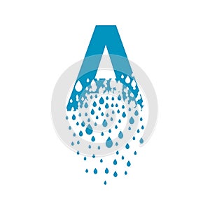 The letter A dissolves into droplets. Drops of liquid fall out as precipitation. Destruction effect. Dispersion