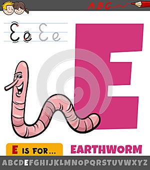 letter E from alphabet with cartoon earthworm character