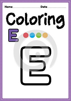 Letter e alphabet coloring page for preschool, kindergarten & Montessori kids to learn and practice writing, drawing and coloring