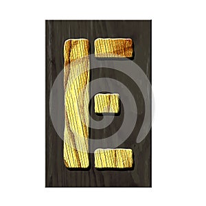 Letter E. Alphabet made of letters, made of wood, on a dark wooden plank. Isolated on white background. Education