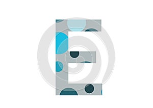 letter E of the alphabet made with several blue dots and a gray background