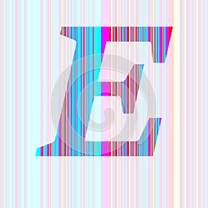 Letter E of the alphabet made with stripes with colors purple, pink, blue, yellow