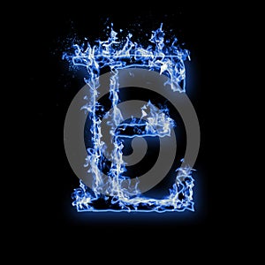 Letter E. Blue fire flames on black