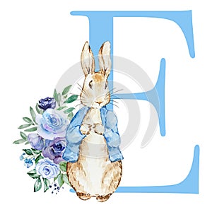 Letter E blue with watercolor cute rabbit with flowers